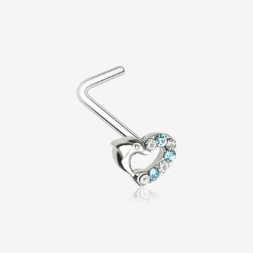 Dolphin Heart Sparkle L-Shaped Nose Ring-Clear Gem/Aqua